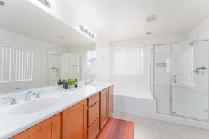 Shower, towels, soap, toilet paper