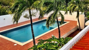 A swimming pool with palm trees and a red-tiled deck. - Bow Green Villa in Redezvous Bay Steps From Rendezvous Beach (West End)