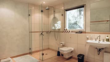 Hair dryer, towels, soap, toilet paper