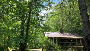 A rustic cabin with a wooden porch and a pathway leading to it, surrounded by dense greenery. - Authentic Appalachian 200yr old Riverfront Farmhouse Cabin in Pittman Center.  (Sevierville)