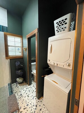 Shower, hair dryer, bidet, towels