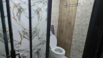Shower, bidet, towels, toilet paper