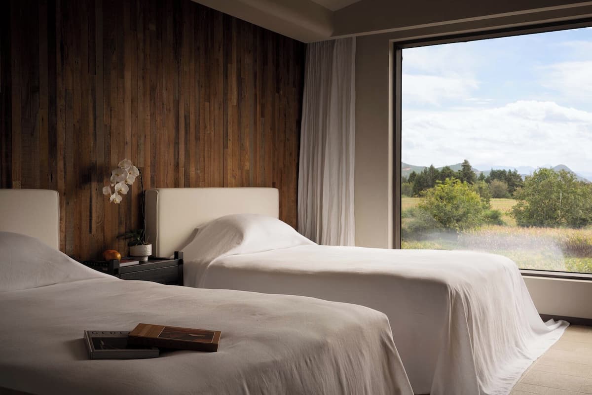 A bedroom with two beds, a wooden wall, a view of the outdoors, and a window with curtains.