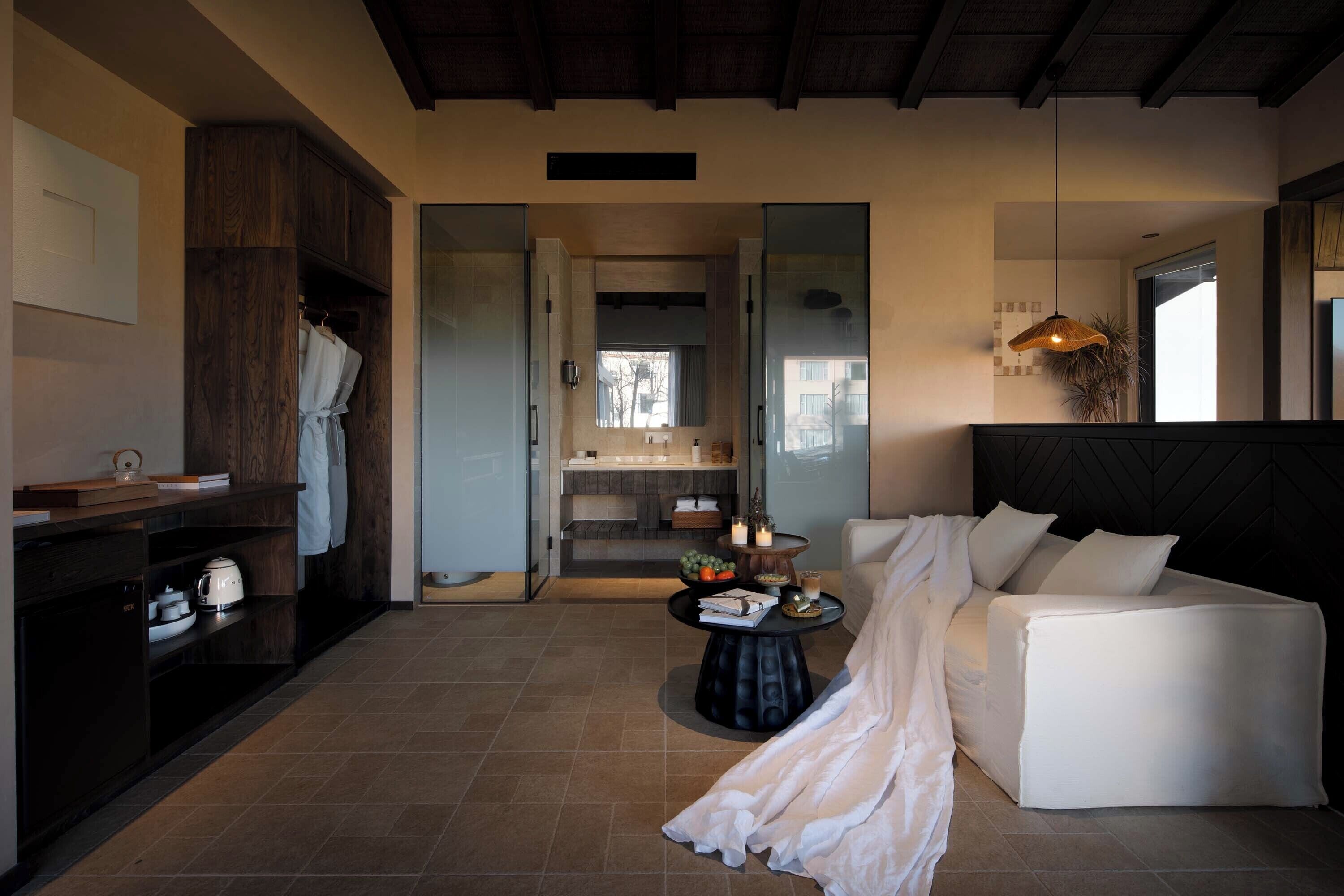 A modern living room with a sofa, a coffee table, and a kitchen area with wooden cabinets and a hanging robe.