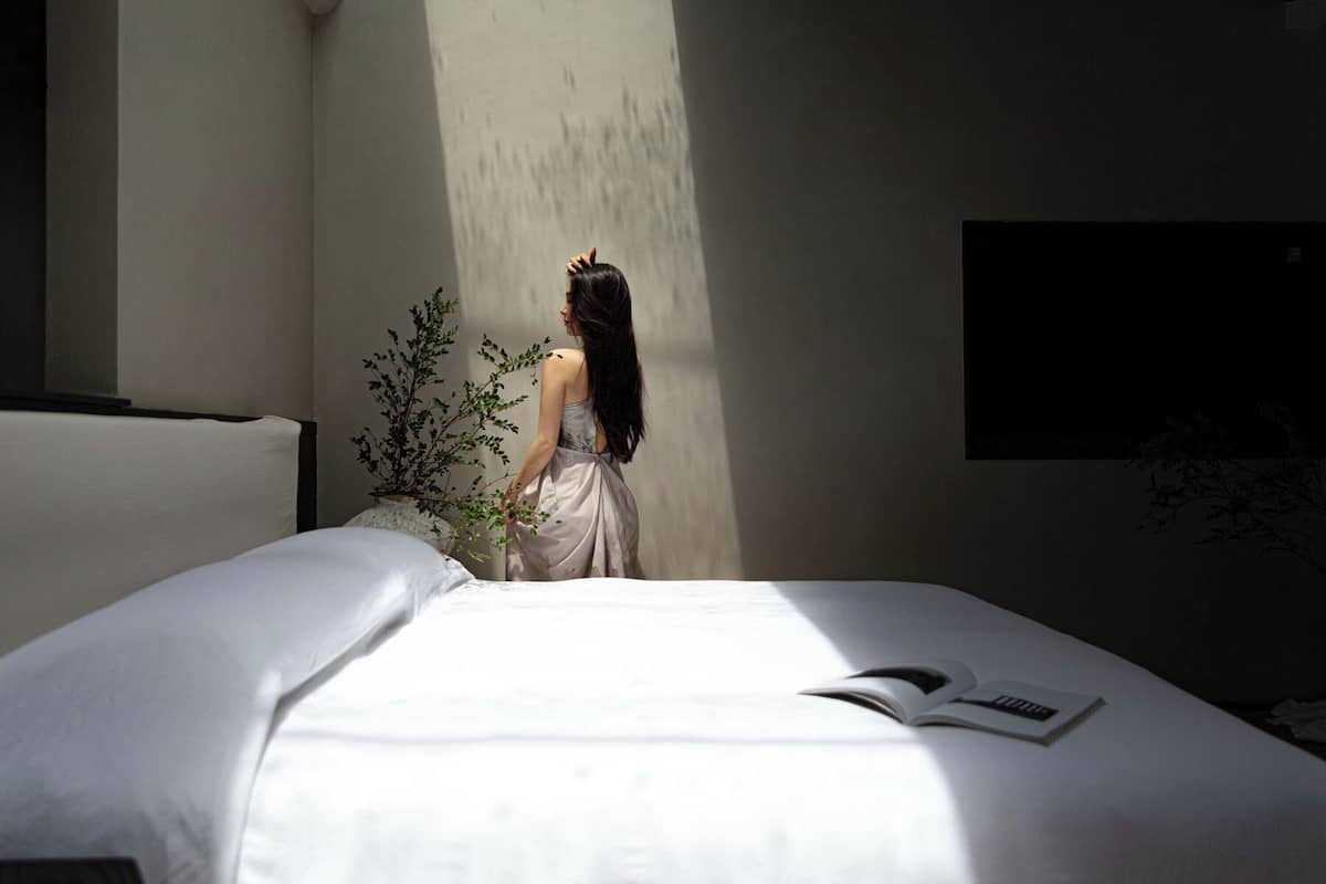A room with a bed, a plant, and a book on the bed.