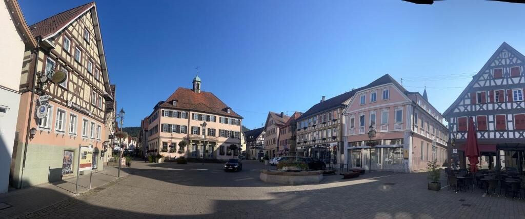 A traditional European town square with historic buildings, a central fountain, and outdoor seating areas.