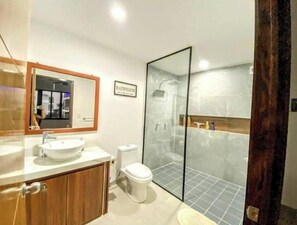 Hair dryer, towels, soap, toilet paper