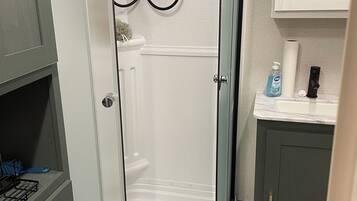 シャワー、ヘアドライヤー、タオル、トイレットペーパー