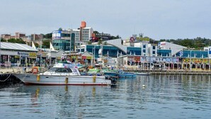 A marina with several boats docked, a modern building with glass windows, and various shops along the waterfront. - Centum Mark Kimstay Yangyang (Yangyang)