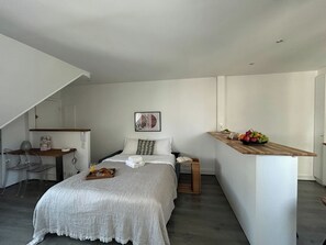 1 bedroom, desk, iron/ironing board, travel cot