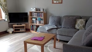 Un salon comprenant un canapé, une table basse, une bibliothèque et un téléviseur.