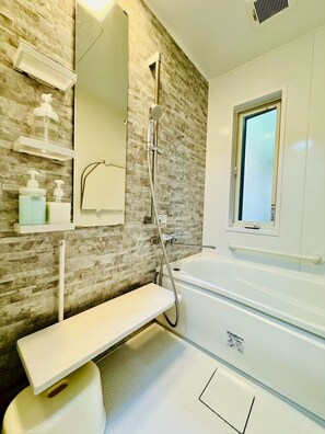 Hair dryer, towels, soap, toilet paper
