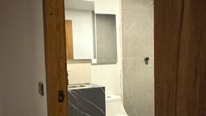 A bathroom with a toilet, a sink, and a shower area. - Hostetia 7 in the heart of the historic center of Zacatecas (Zacatecas)