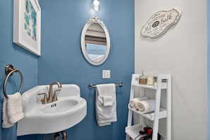 Hair dryer, towels, soap, toilet paper