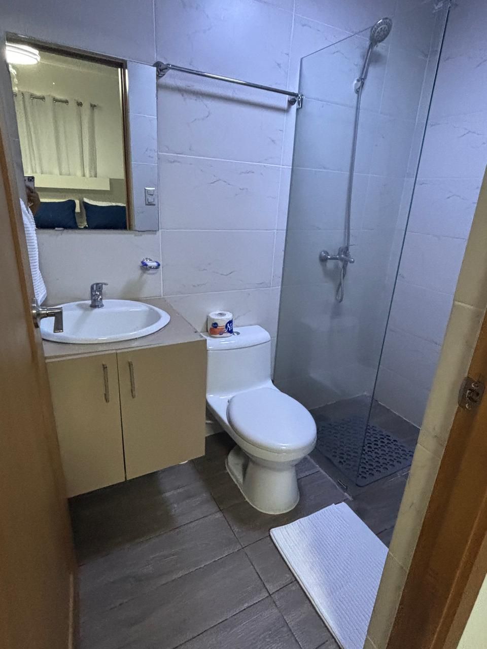 Un bany amb rentatge, vàter i plat de dutxa.