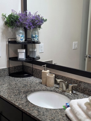 Shower, jetted bath, hair dryer, bidet