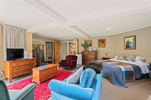 A spacious bedroom with a large bed, a blue sofa, a wooden dresser, a red armchair, a television, and a red shaggy rug.