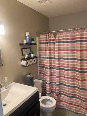 Hair dryer, towels, soap, shampoo