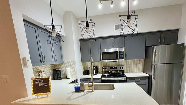 A modern kitchen with a large island, stainless steel appliances, and pendant lighting. - Modern Executive Suite- NRG, Medical Center, Downtown Houston (Houston)