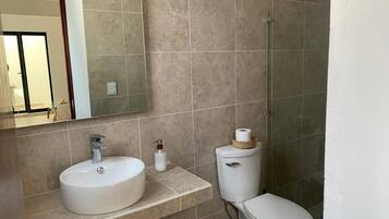 Shower, towels, soap, toilet paper