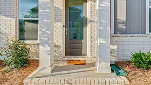 A house entrance with a door, a small porch, and a mailbox.