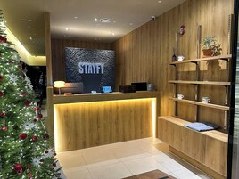 A reception area with a wooden reception desk, a Christmas tree, and a 'STAYFY' sign.