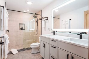 Shower, hair dryer, shampoo