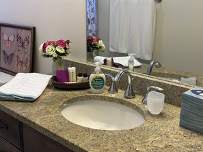 Ein Badezimmer mit Granitplatte, Waschbecken, Spiegel und Toilettenartikeln.