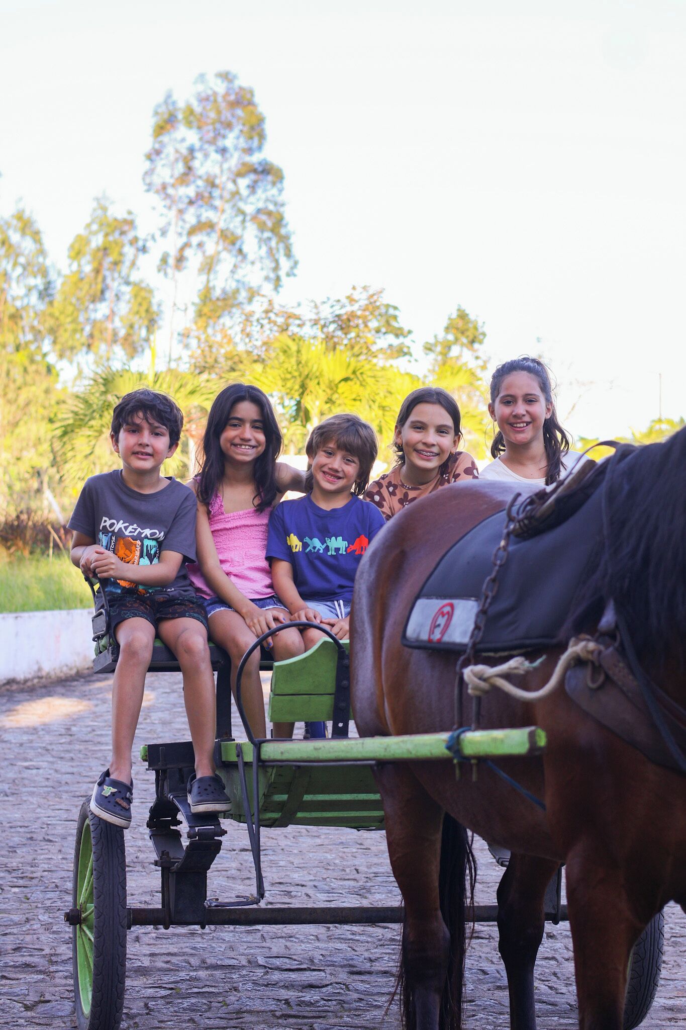A group of children sitting on a green cart with a horse.