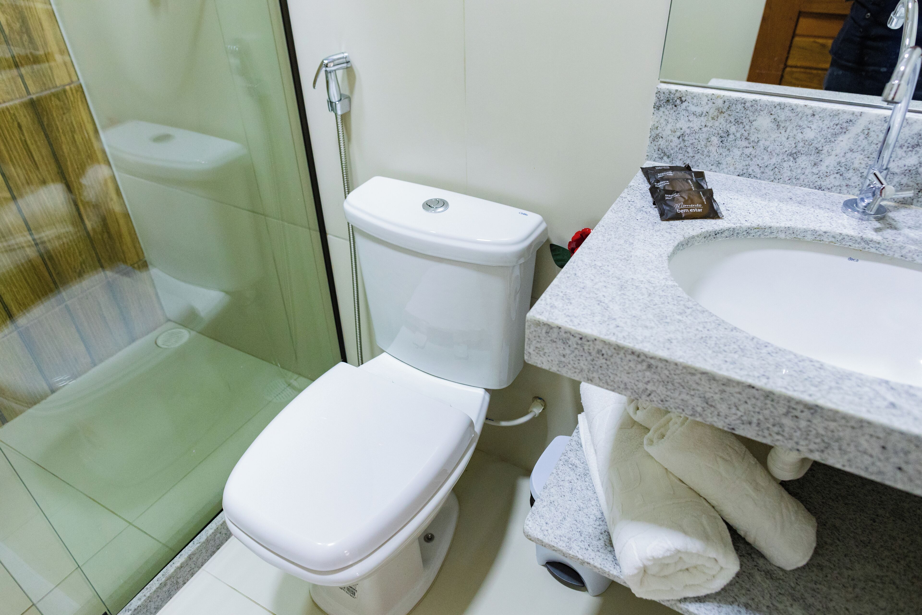 A bathroom with a toilet, sink, and shower.