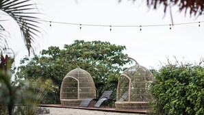 A pool area with two birdcage chairs and a small rock feature in the water. - Kintiri Glamping (Belen de Nosarita)