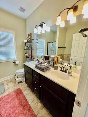 Regadera, secadora de cabello, toallas, shampoo 