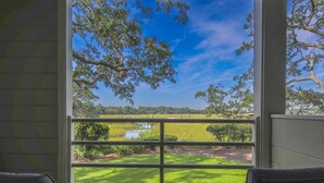 A view from a window with a grid pattern, overlooking a grassy area with trees and a small body of water.