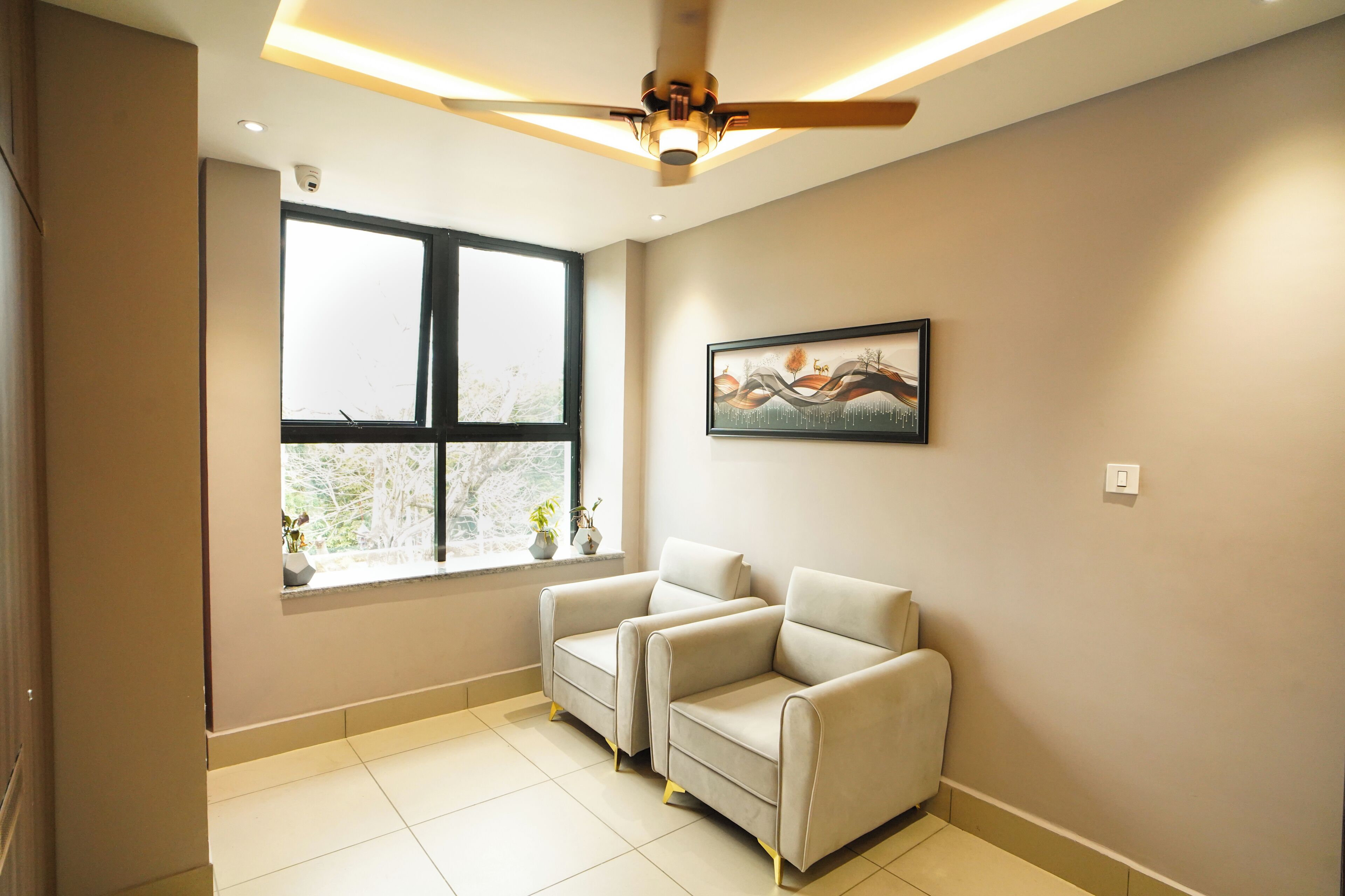 A room with a ceiling fan, a window with a view, a sofa, and a framed picture on the wall.