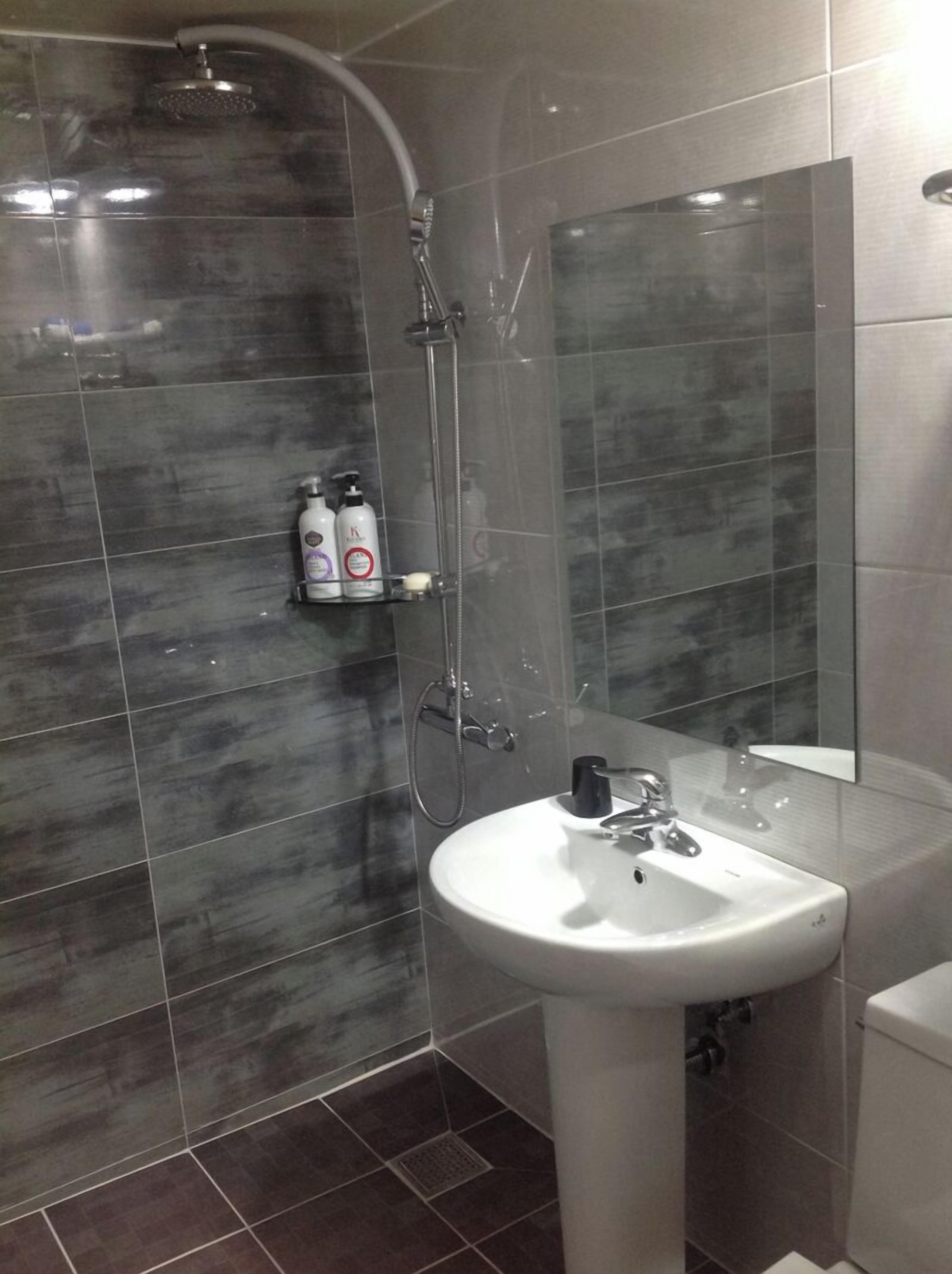 A modern bathroom with a shower, a sink, and a mirror.