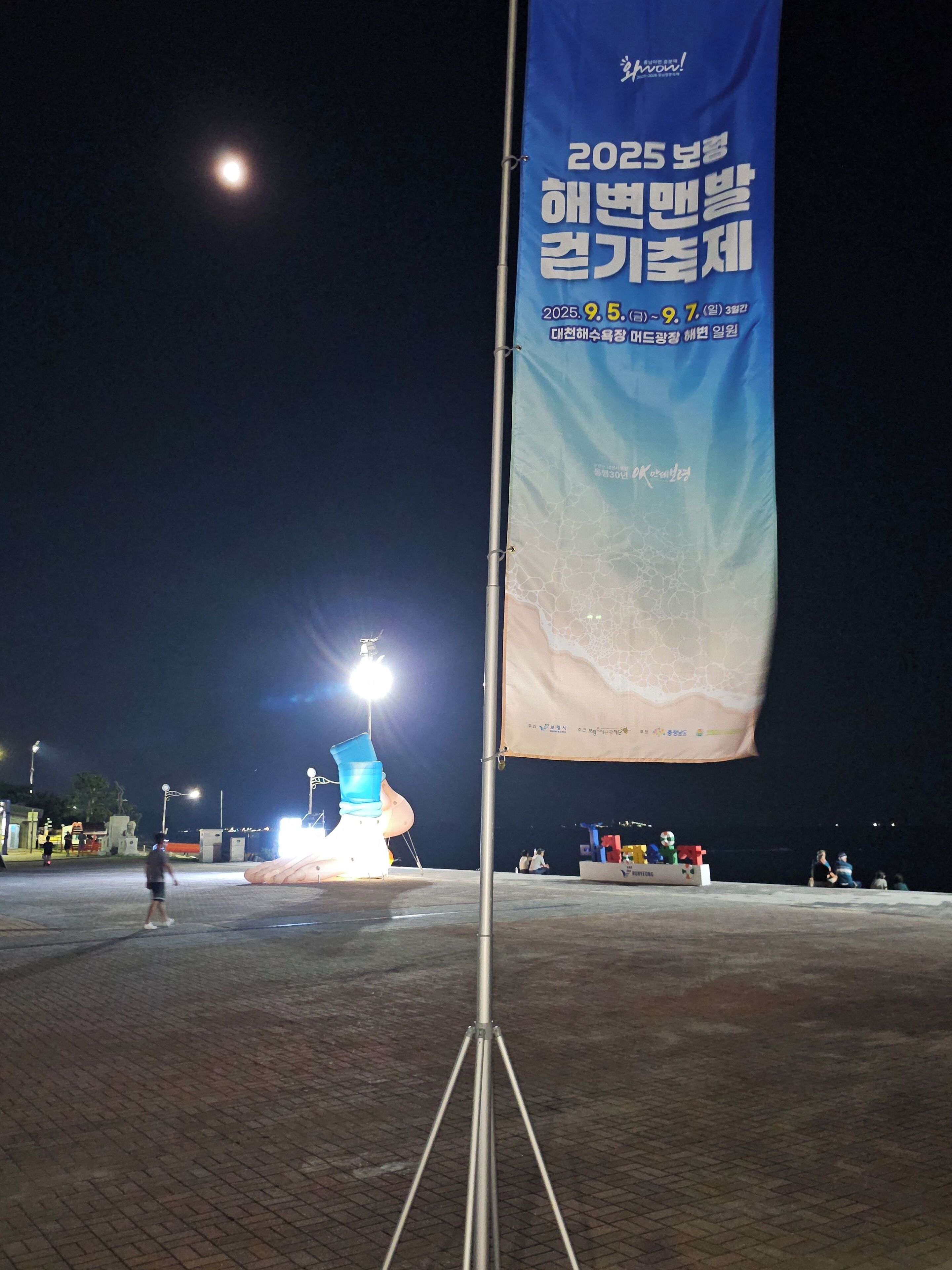 A flagpole with a banner, a brightly lit sculpture, and a paved area.
