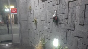 Zona de recepción con pared de concreto, plantas en macetas y un letrero con el nombre de una empresa.