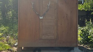 A wooden shed with a door and antlers mounted on it, surrounded by greenery.