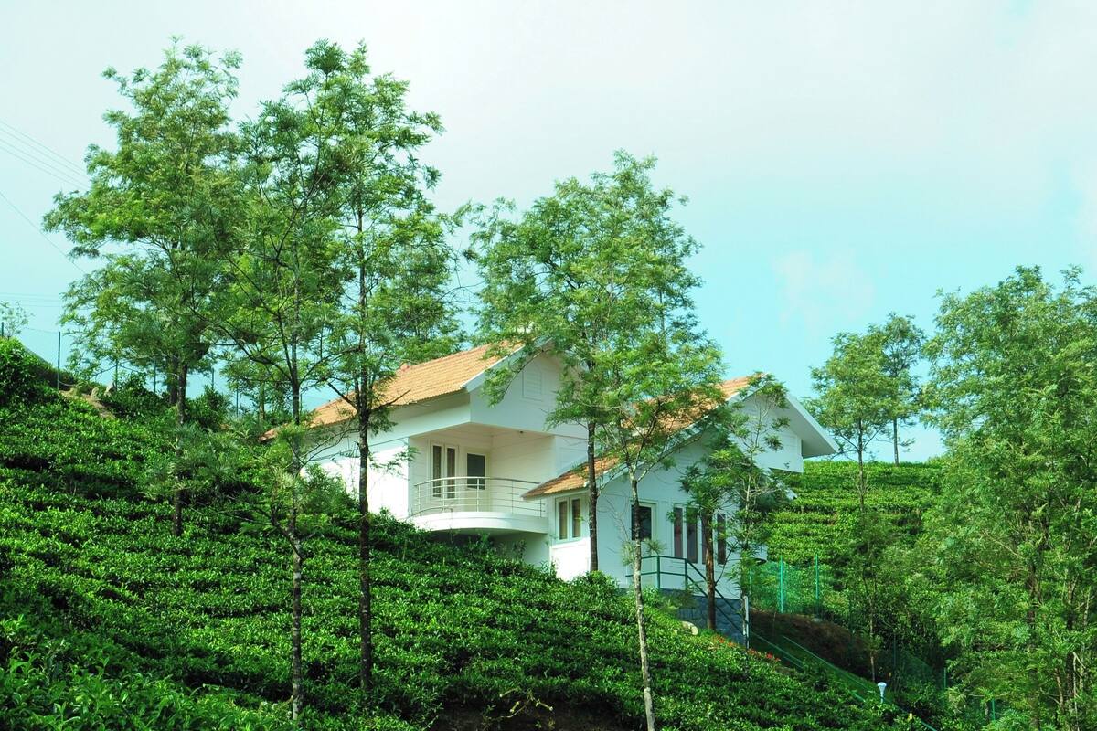 A white house with a tiled roof surrounded by lush greenery and trees.