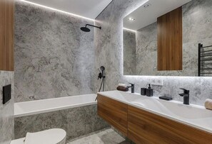 Hair dryer, towels, soap, toilet paper