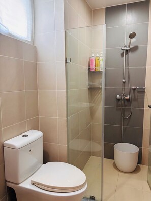 Shower, free toiletries, hair dryer, slippers