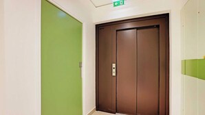 Un couloir avec une porte verte et un ascenseur marron.