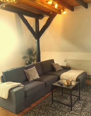 Smart-TV, Kamin, Bücher, Stereoanlage