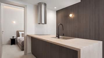 Glyfada Prime Apartment | Private kitchen | Full-size fridge, microwave, oven, stovetop