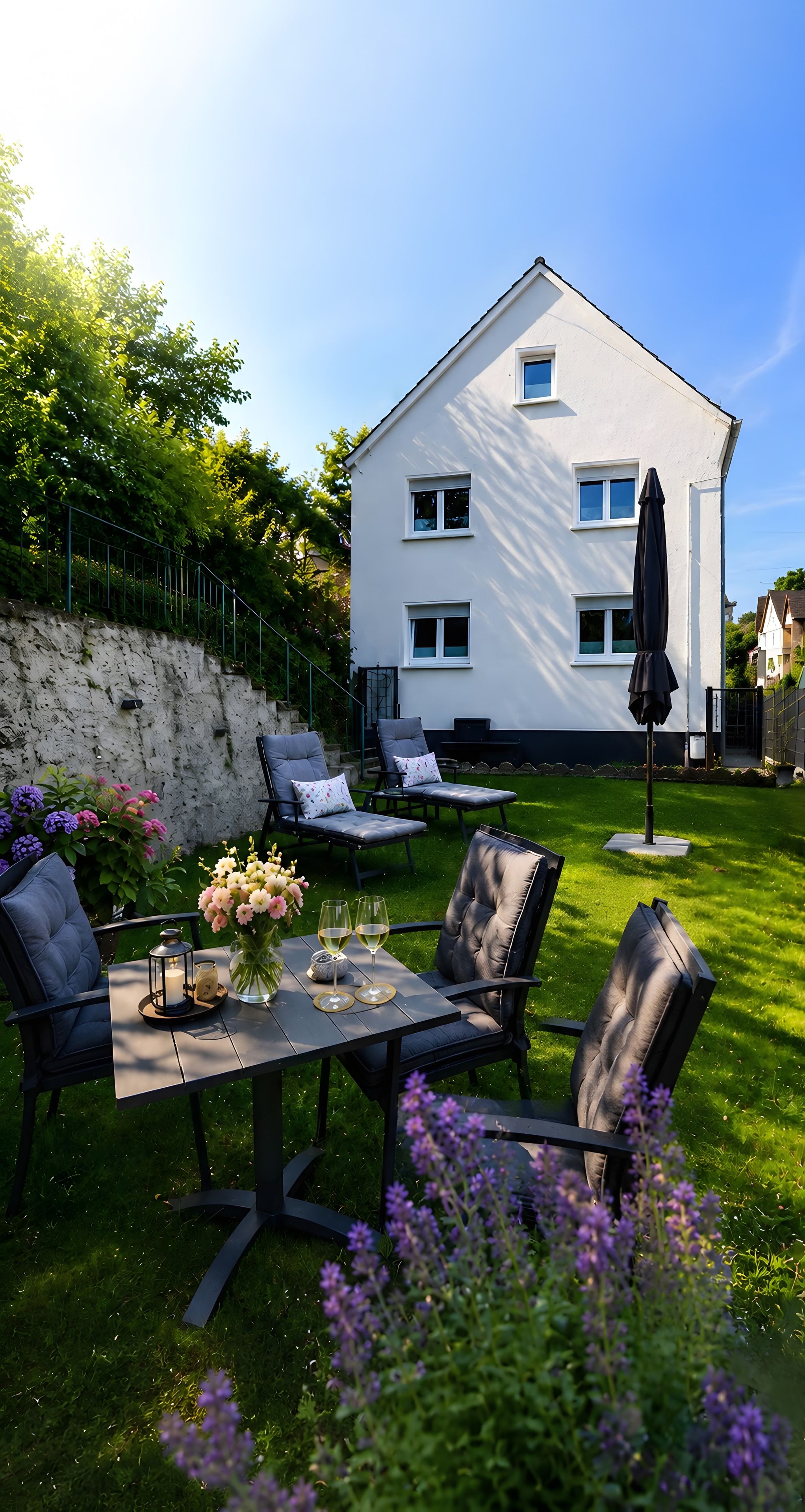 A patio with a table set for two, surrounded by chairs, and a large umbrella.