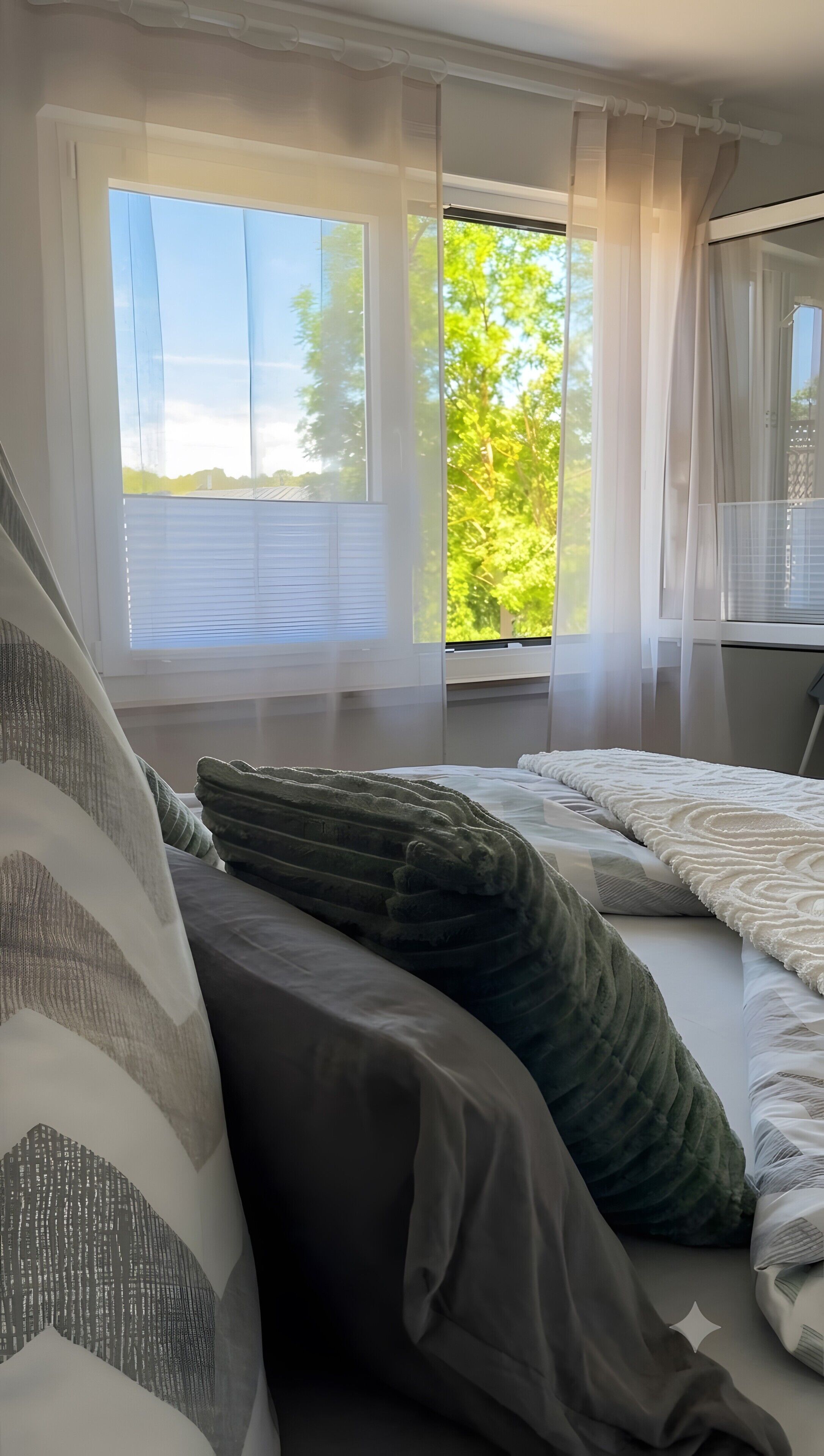 A bedroom with a bed, a window with curtains, and a view of greenery outside.