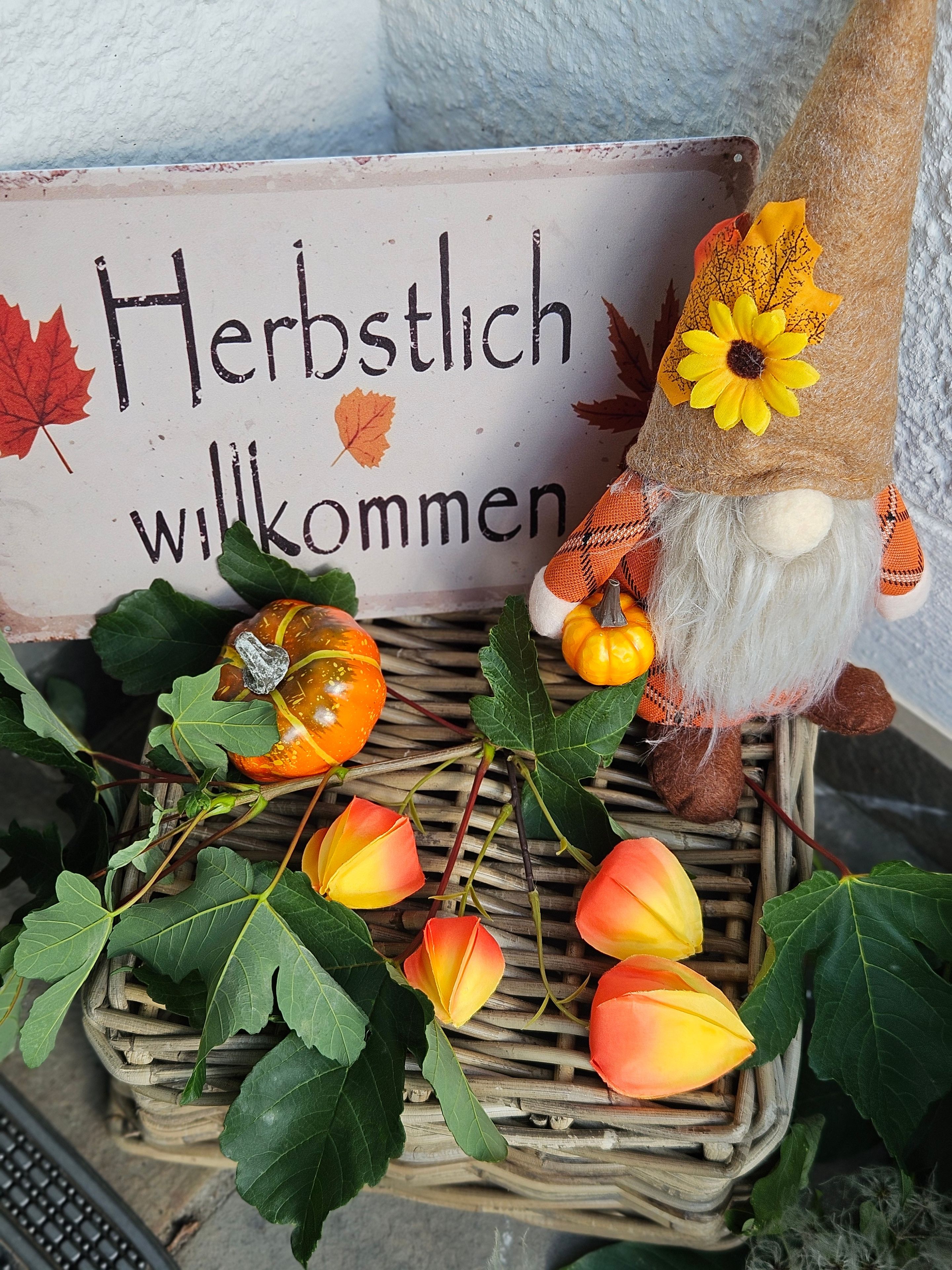 Un panneau décoratif représentant un gnome et des feuilles d’automne, placé à côté d’un panier en osier rempli de citrouilles et de feuillages.