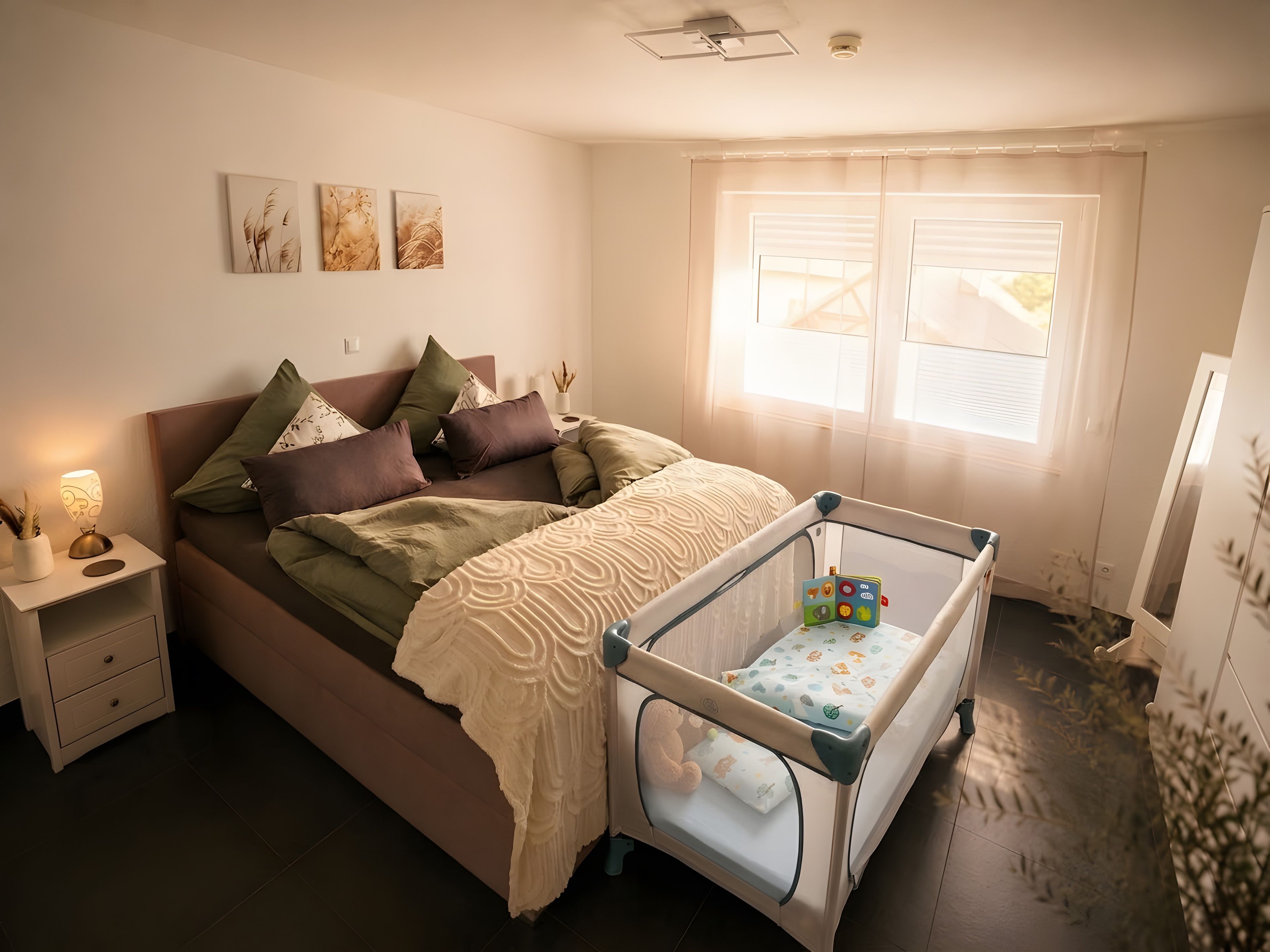 A bedroom with a bed, bedside table, lamp, and a crib.