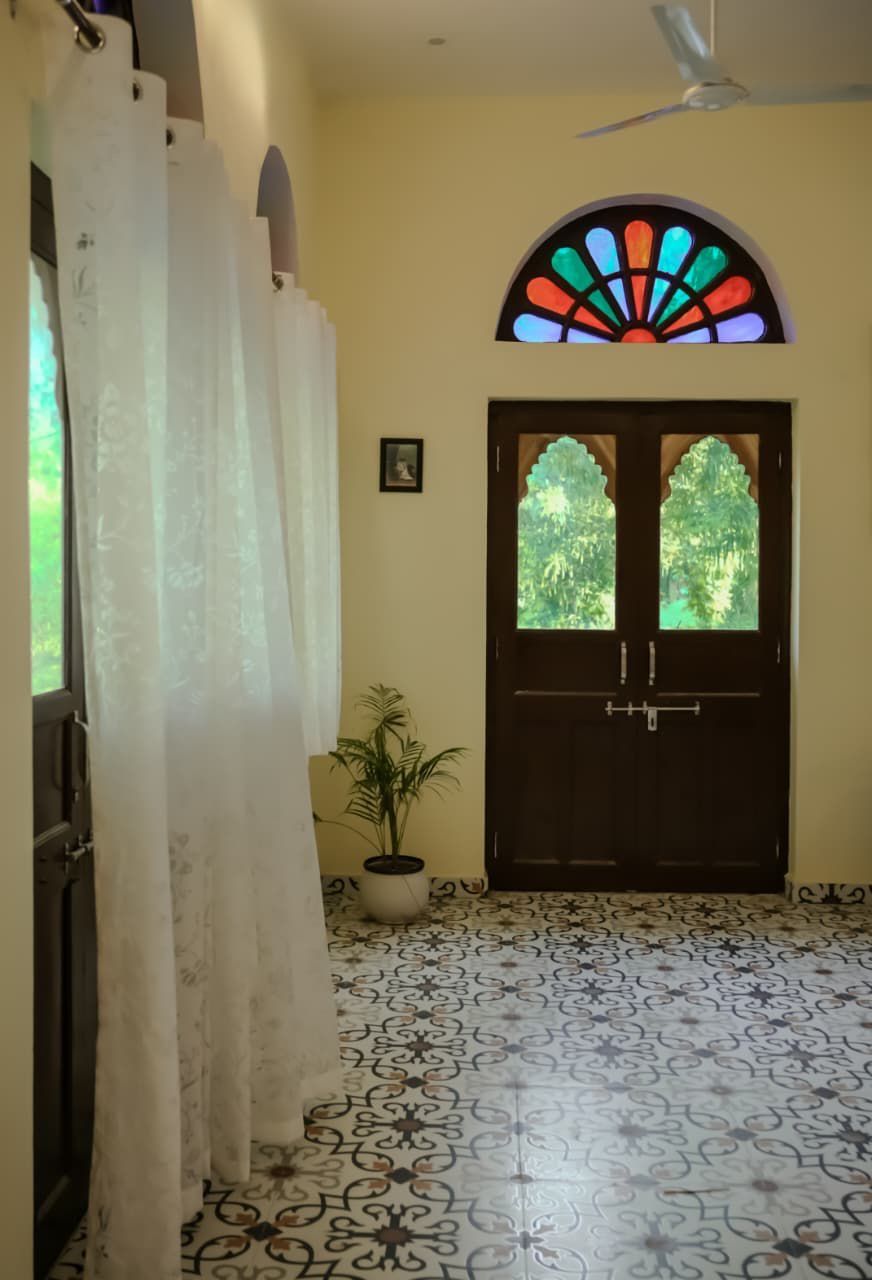 A room with a patterned floor, a dark wooden door with a window, a ceiling fan, and a potted plant.