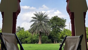 A covered outdoor seating area with two chairs and a table, overlooking a well-maintained garden with a palm tree and other greenery. - kushal niwas (Bassi)